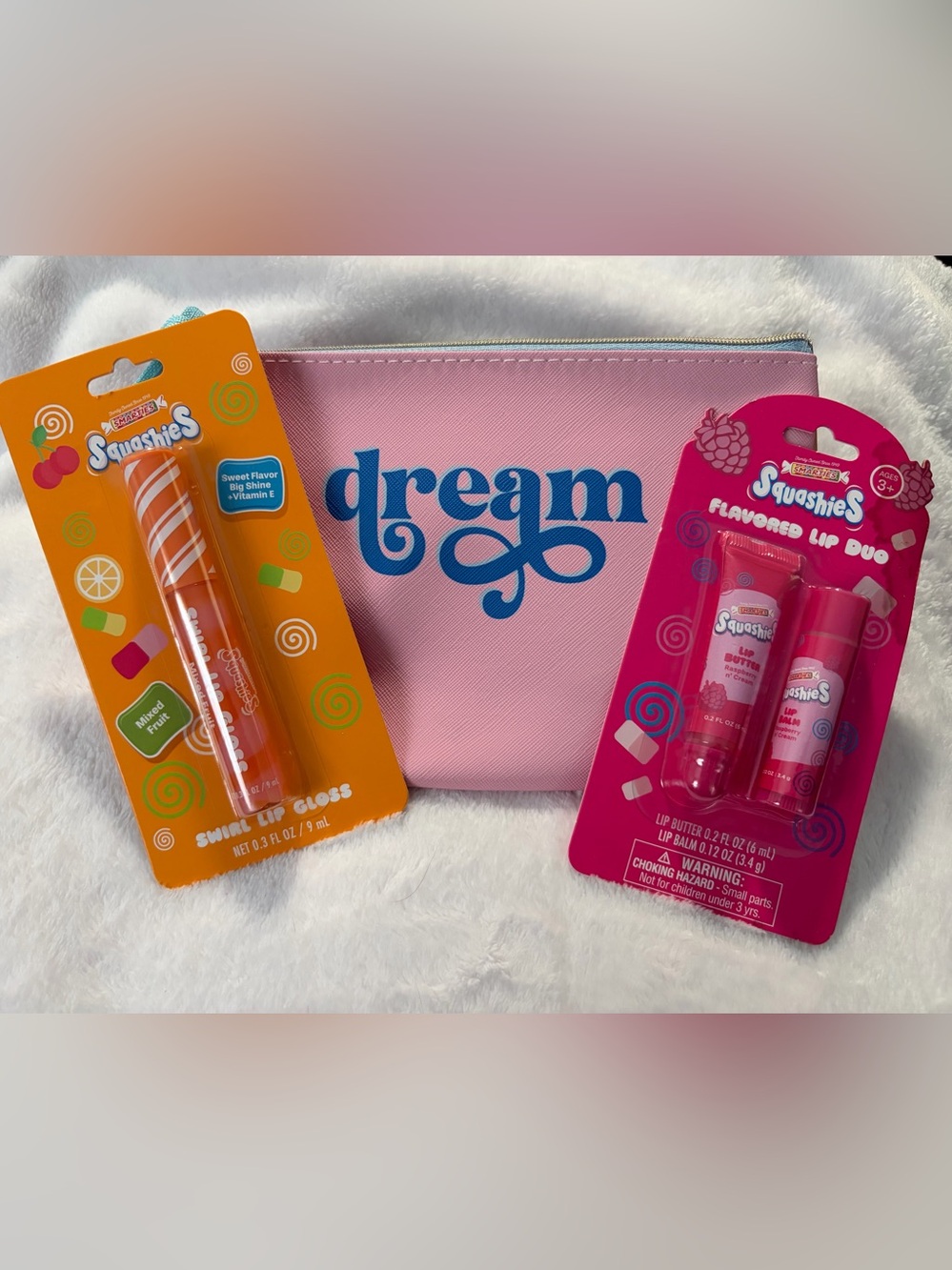 Pink 'Dream' Cosmetic Bag with Smar-Pink Lip Duo & Smarties-Orange Swirl Lip Glo